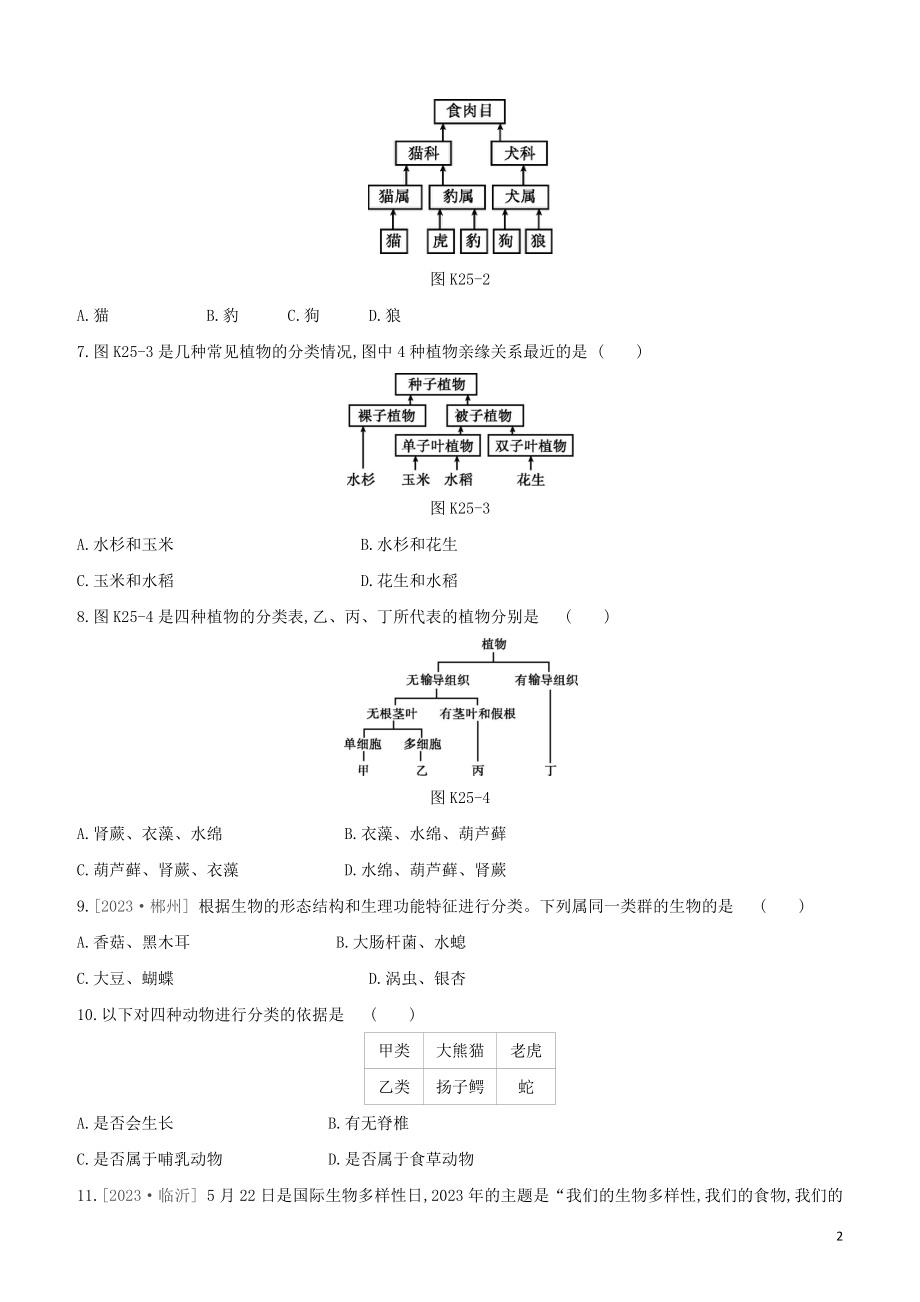 江西专版2023学年中考生物复习方案第四单元生物圈中的其他生物课时训练25生物的多样性及其保护试题.docx_第2页