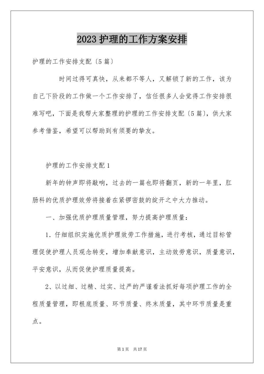 2023护理的工作计划安排范文.docx_第1页