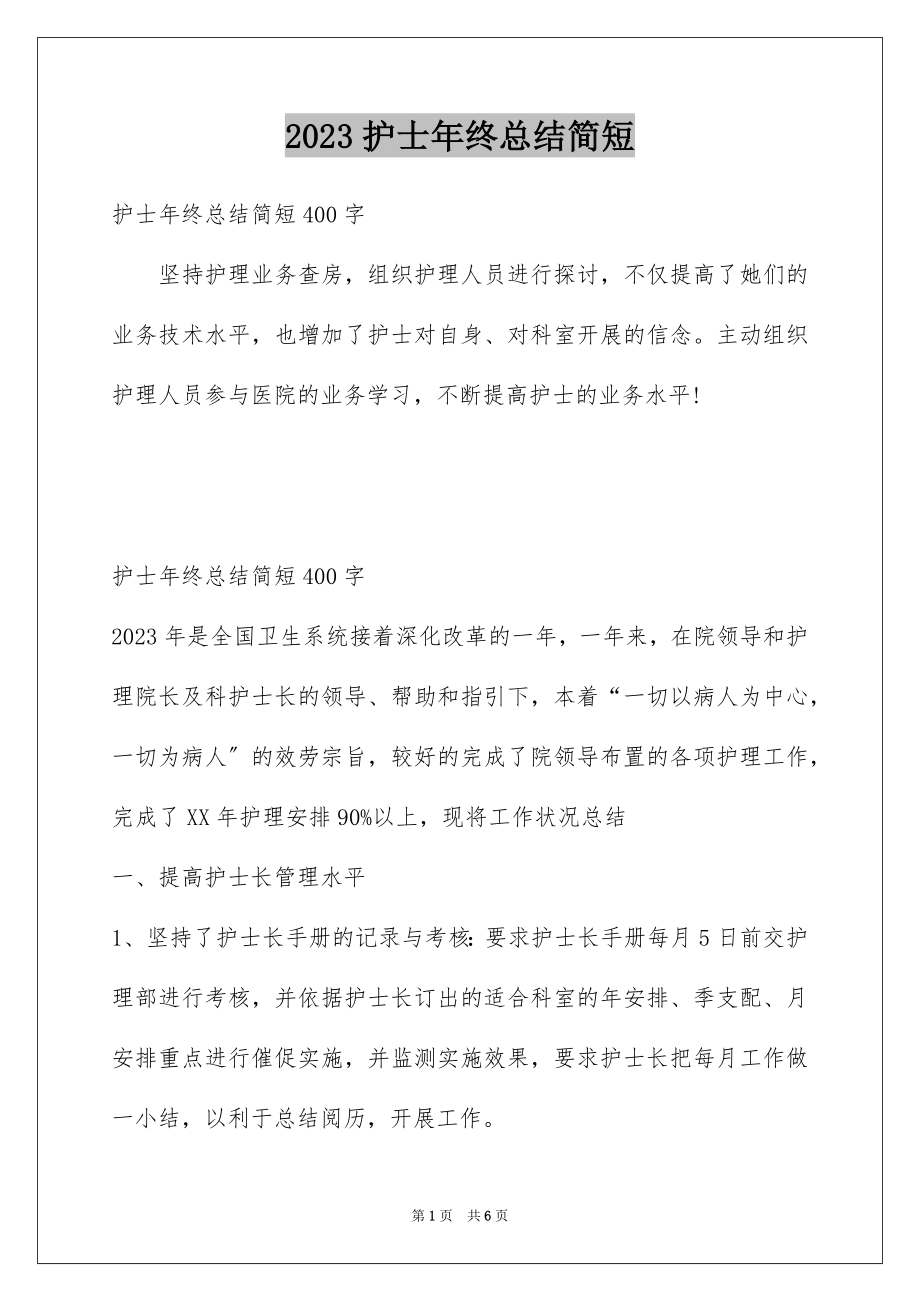 2023护士年终总结简短范文.docx_第1页