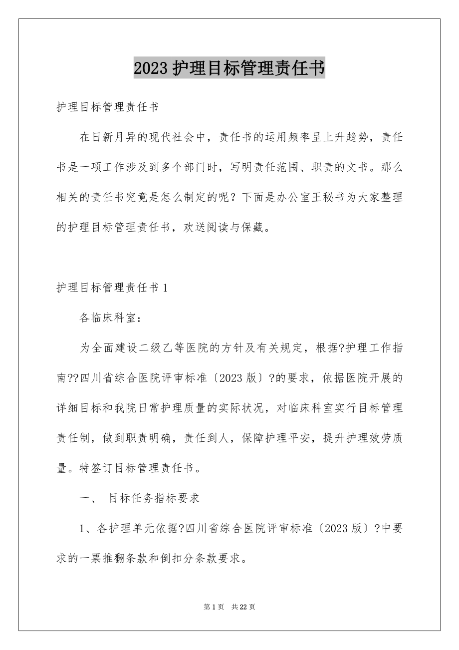 2023护理目标管理责任书4范文.docx_第1页