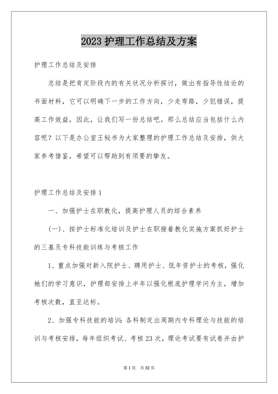 2023护理工作总结及计划范文.docx_第1页