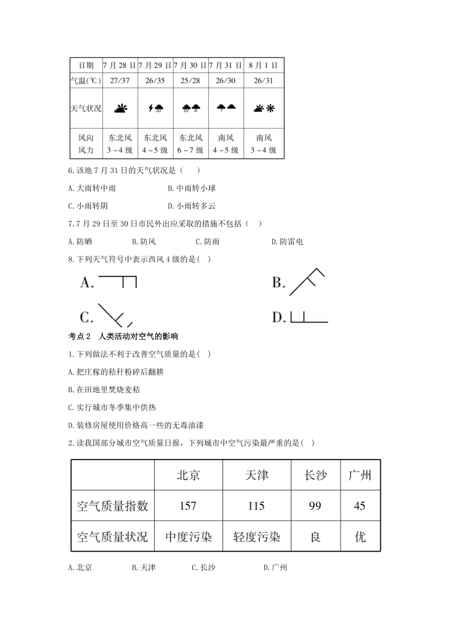 2023学年中考地理一练通第一部分教材知识冲关七上第三章天气与气候课时一多变的天气天气预报气温和降水的变化与分布仿真实战演练.doc_第2页