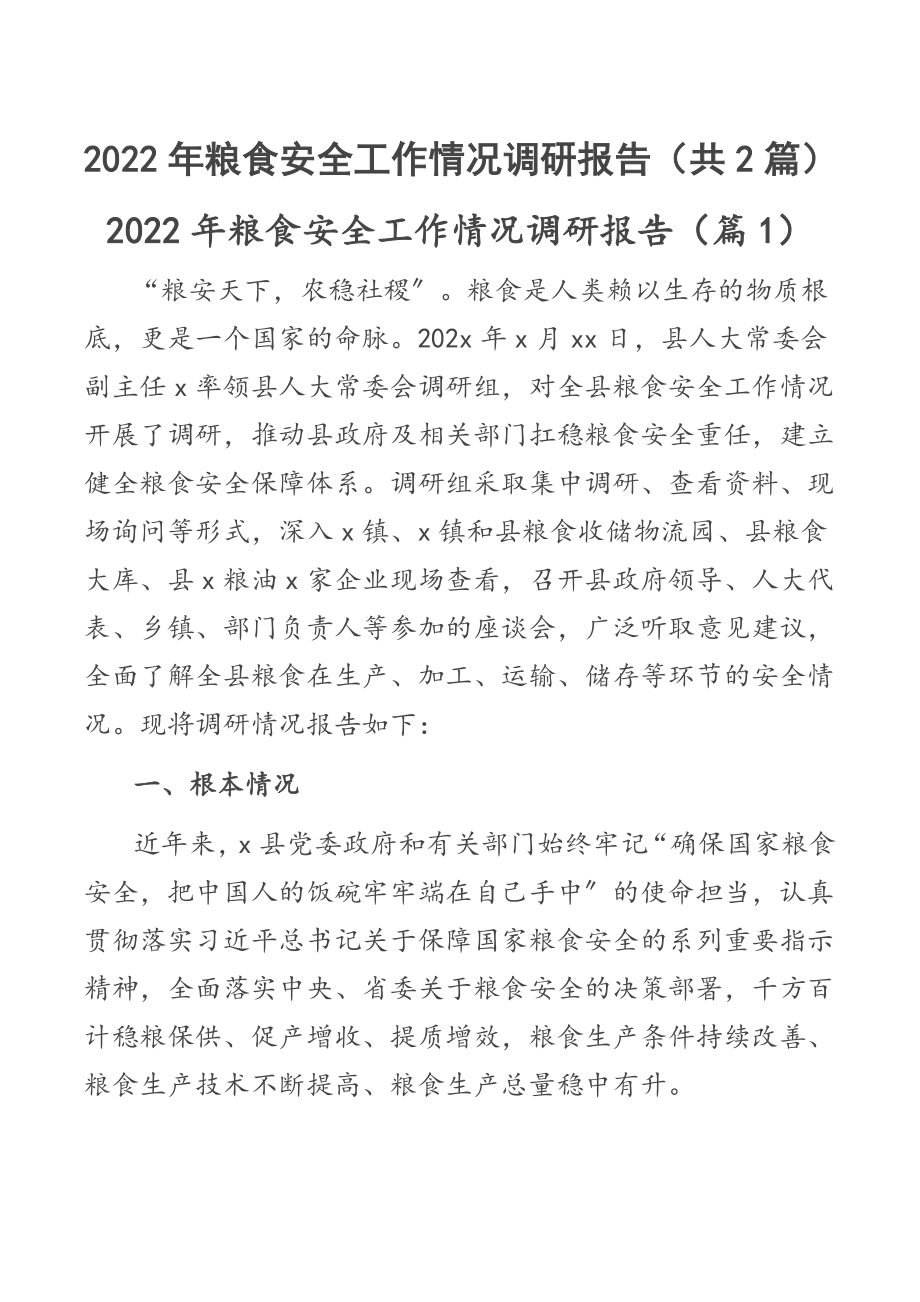 2022年粮食安全工作情况调研报告（共2篇）.docx_第1页