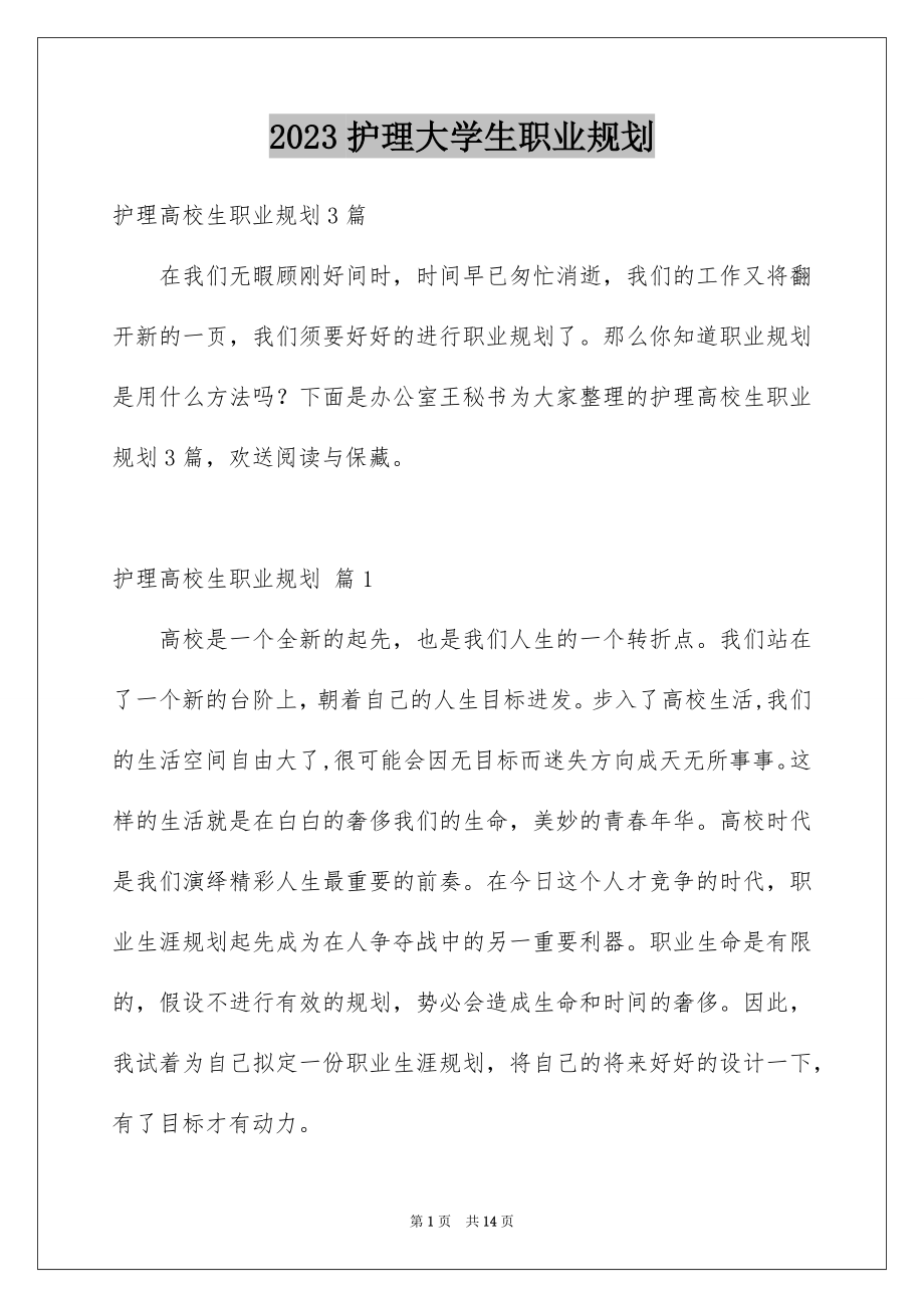 2023护理大学生职业规划范文.docx_第1页