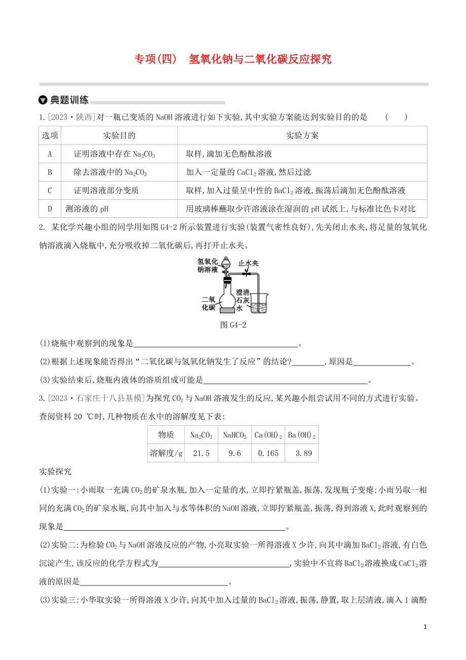 河北专版2023学年中考化学复习方案专项04氢氧化钠与二氧化碳反应探究试题.docx_第1页