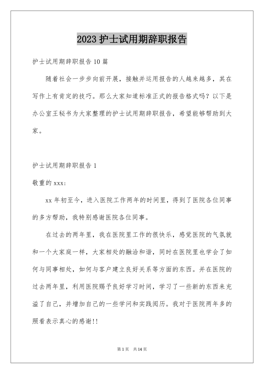 2023护士试用期辞职报告范文.docx_第1页