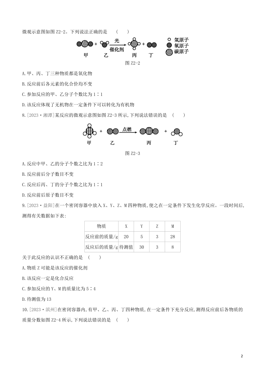 鄂尔多斯专版2023学年中考化学复习方案第一篇基础过关课时训练02质量守恒定律试题.docx_第2页