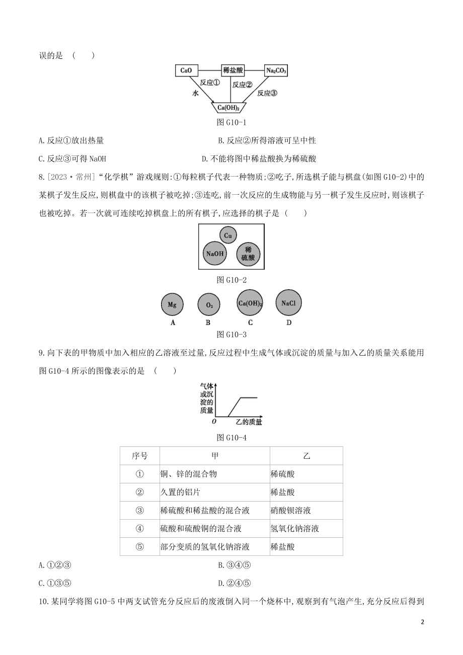 福建专版2023学年中考化学复习方案专项10酸碱盐之间的鉴别共存及转化试题.docx_第2页