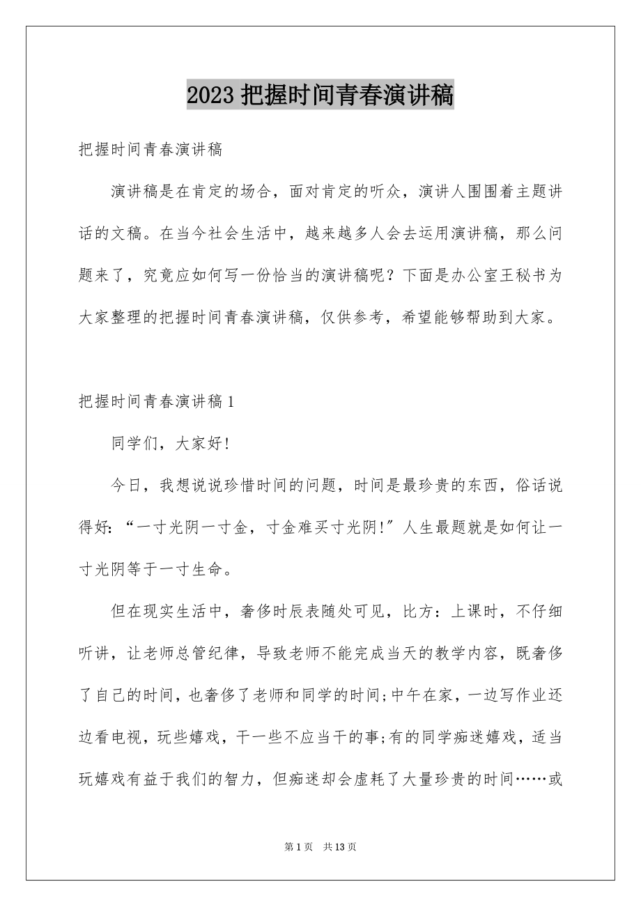 2023把握时间青春演讲稿3范文.docx_第1页