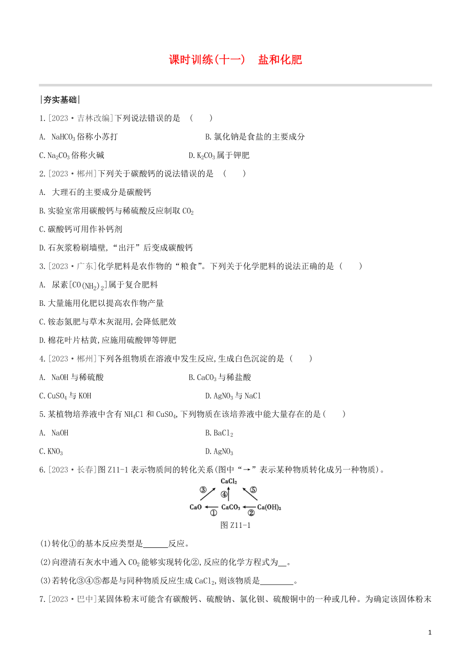 福建专版2023学年中考化学复习方案课时训练11盐和化肥试题.docx_第1页