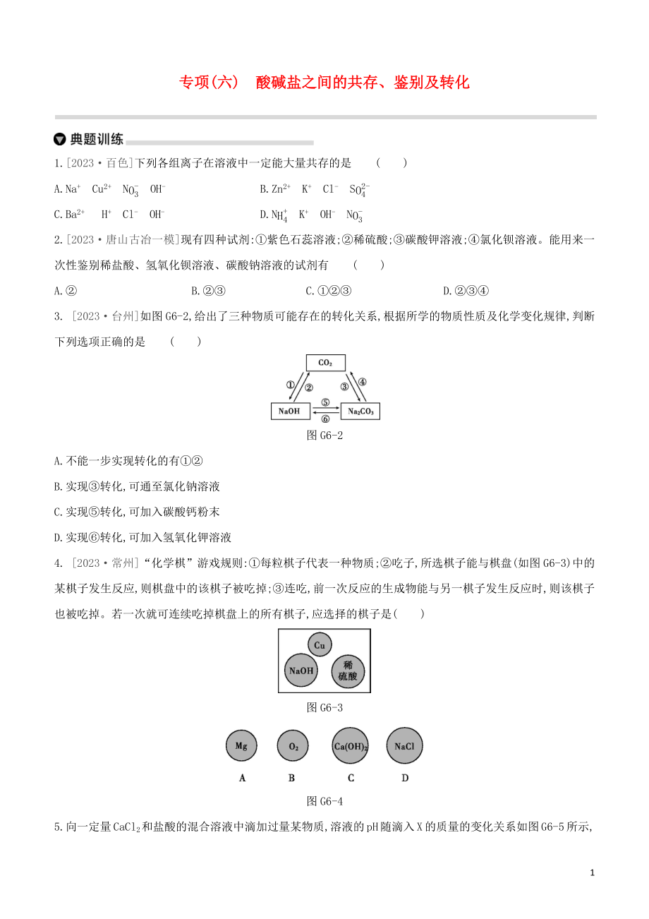 河北专版2023学年中考化学复习方案专项06酸碱盐之间的共存鉴别及转化试题.docx_第1页