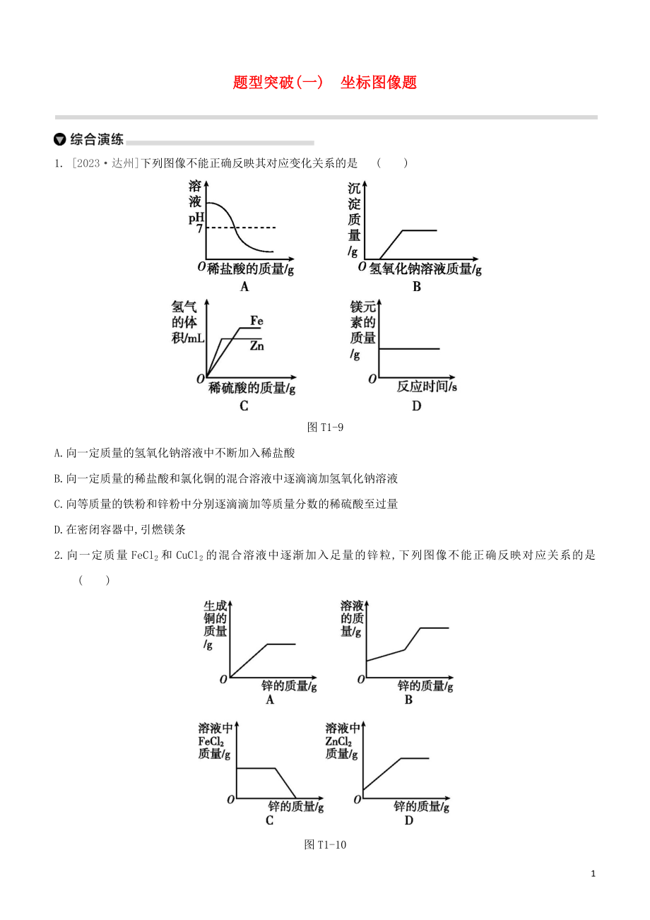 鄂尔多斯专版2023学年中考化学复习方案题型突破01坐标图像题试题.docx_第1页