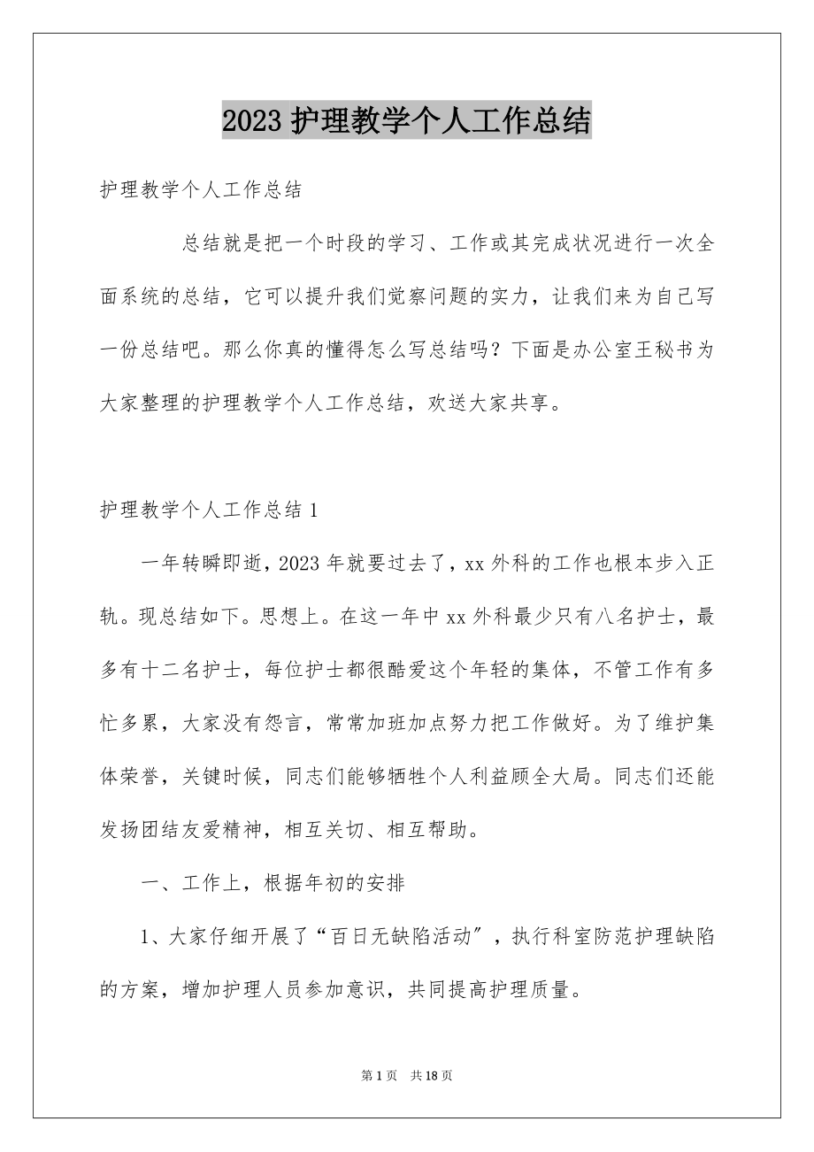 2023护理教学个人工作总结范文.docx_第1页