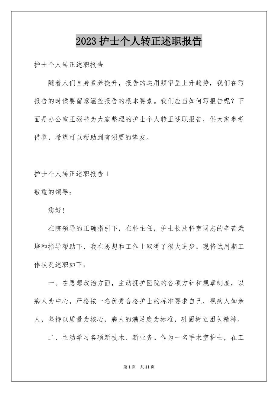 2023护士个人转正述职报告范文.docx_第1页