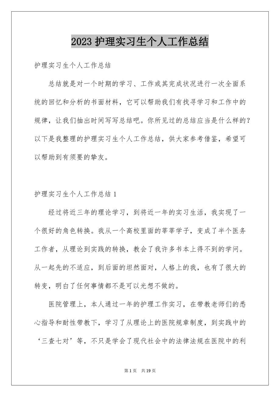 2023护理实习生个人工作总结范文.docx_第1页