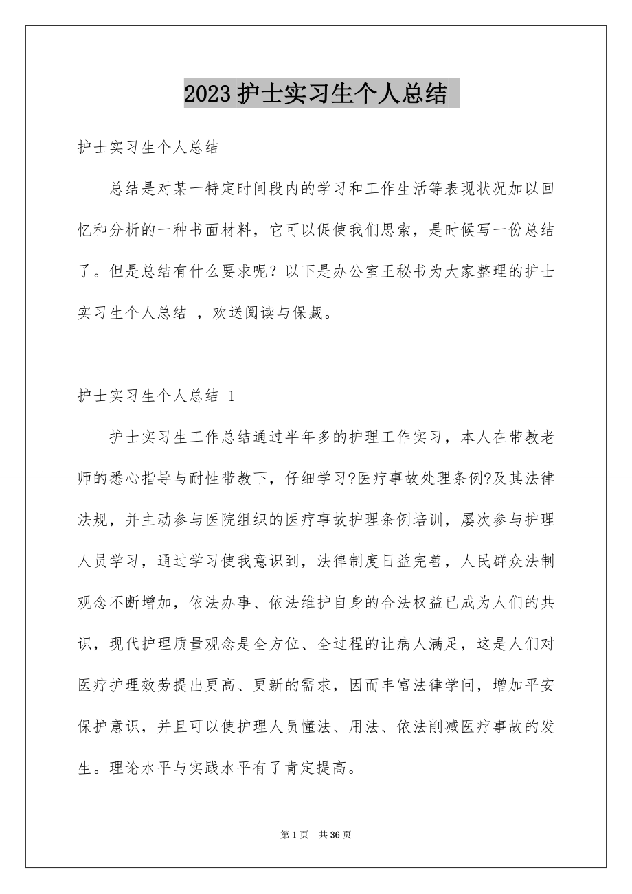 2023护士实习生个人总结 1范文.docx_第1页