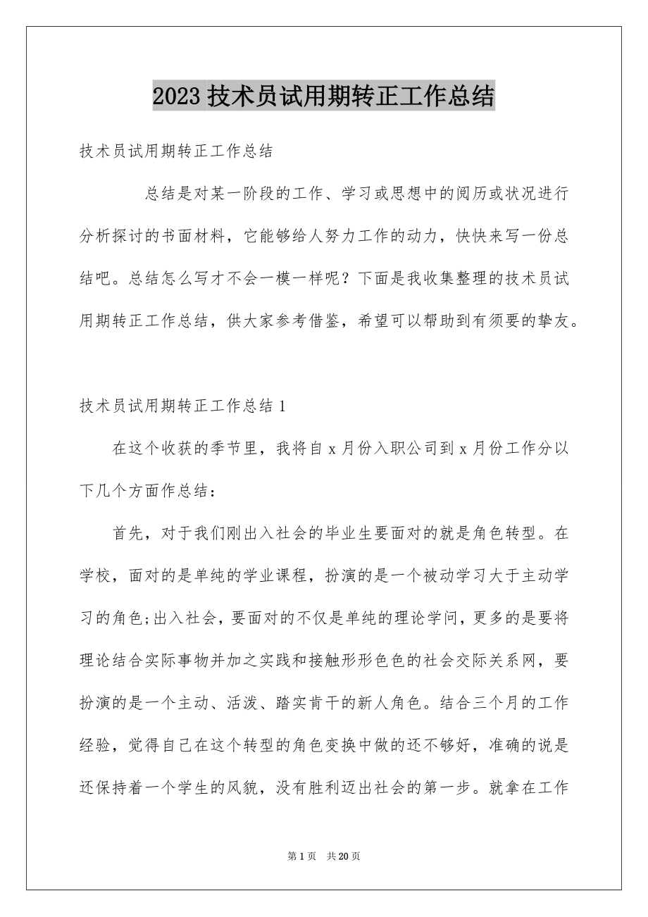 2023技术员试用期转正工作总结1范文.docx_第1页