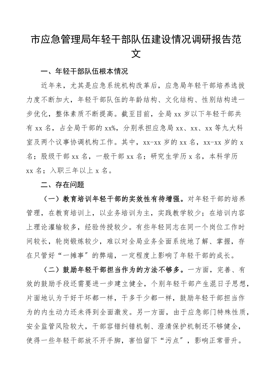 市应急管理局年轻干部队伍建设情况调研报告范文青年干部含问题意见建议改进措施.docx_第1页