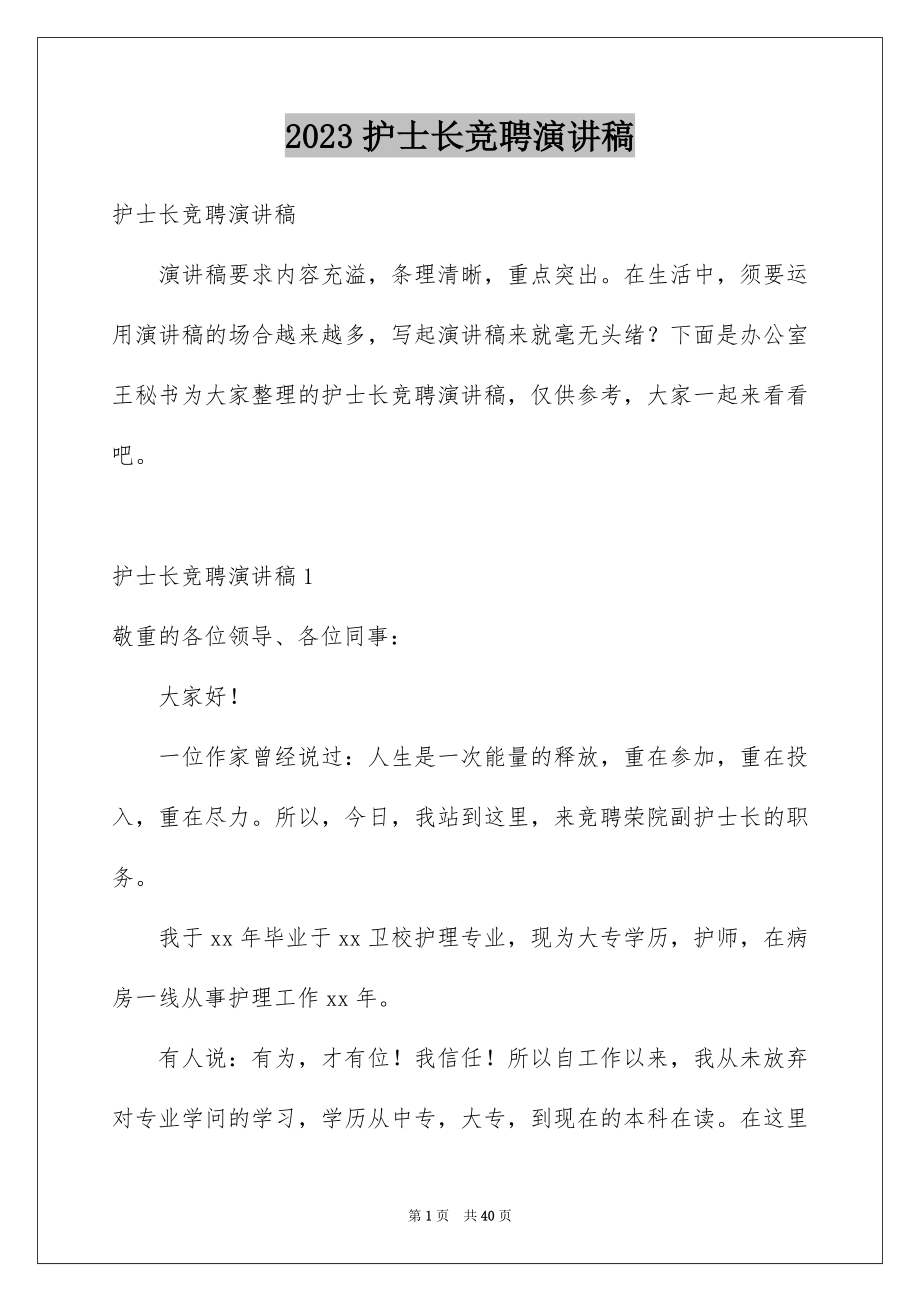 2023护士长竞聘演讲稿范文.docx_第1页