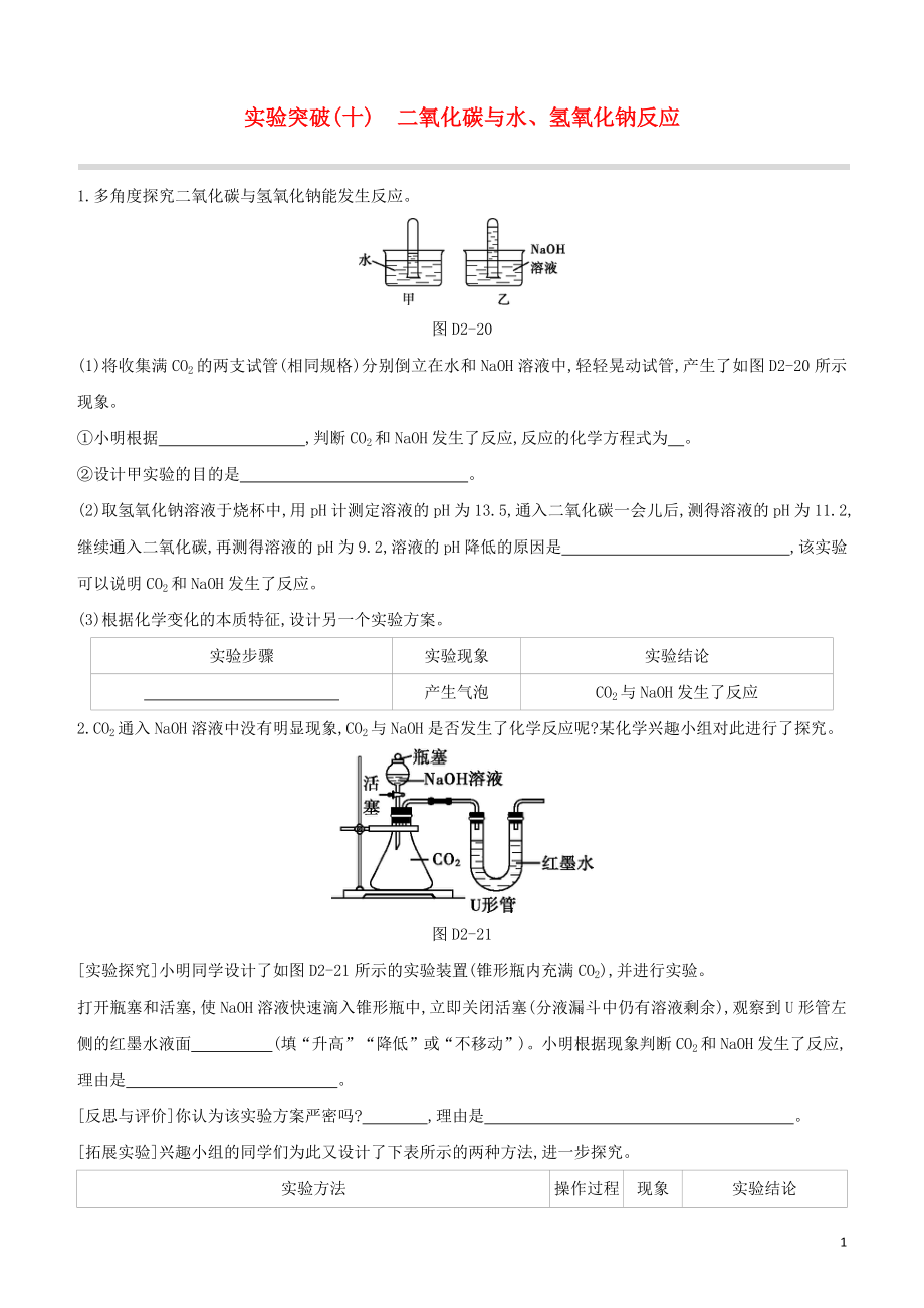 福建专版2023学年中考化学复习方案实验突破10二氧化碳与水氢氧化钠反应试题.docx_第1页