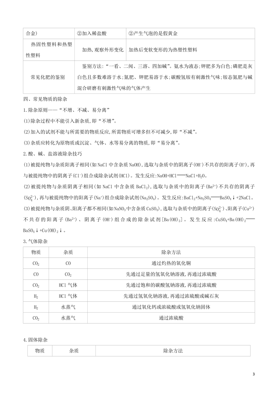 福建专版2023学年中考化学复习方案附录05物质的共存检验鉴别及除杂试题.docx_第3页