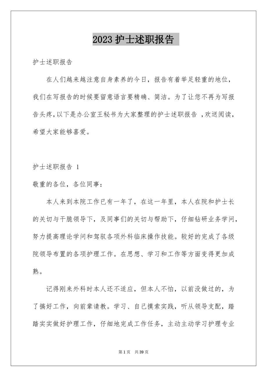 2023护士述职报告 范文.docx_第1页