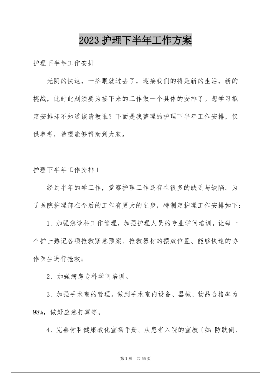 2023护理下半年工作计划范文.docx_第1页