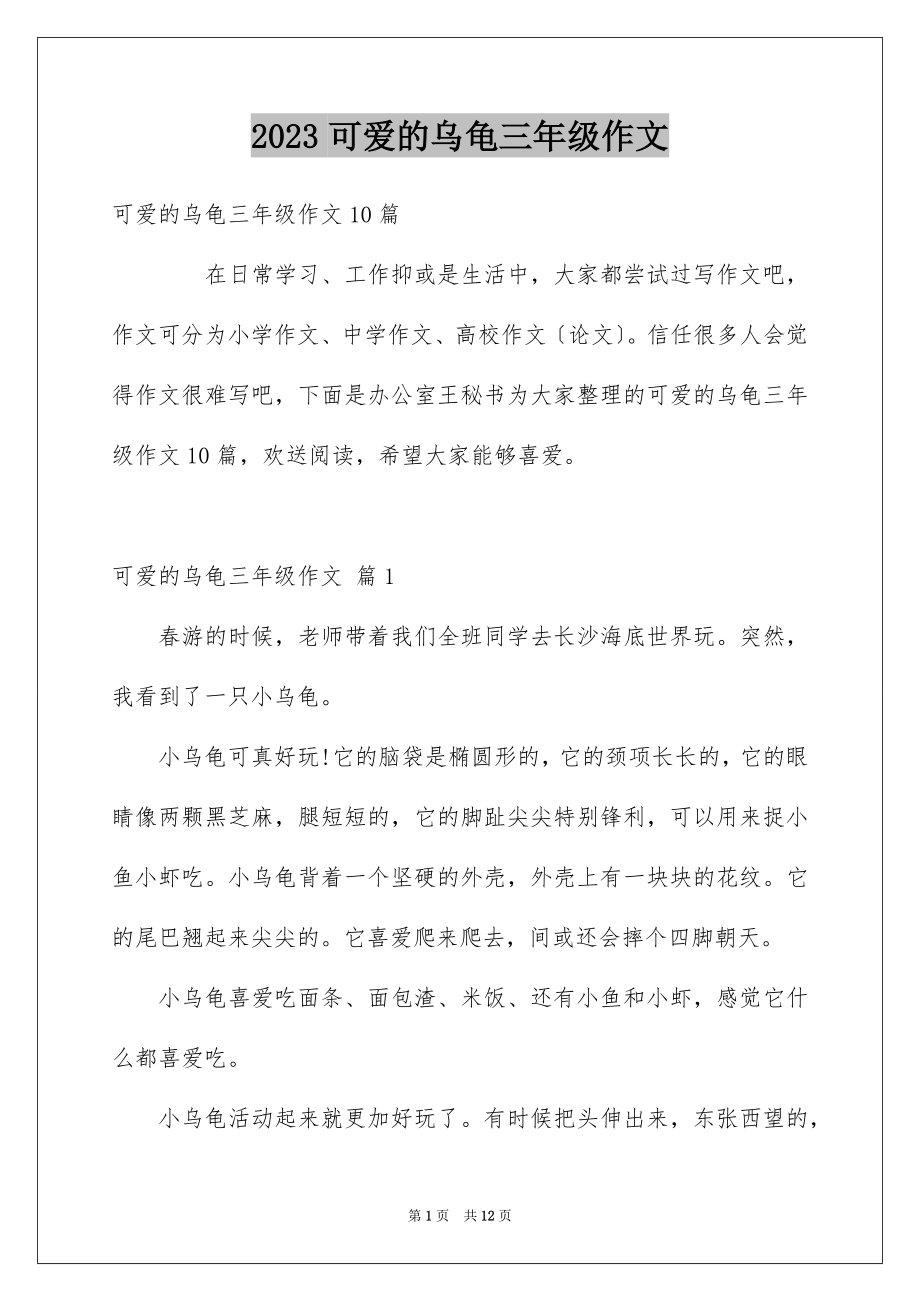 2023年可爱的乌龟三年级作文2.docx_第1页