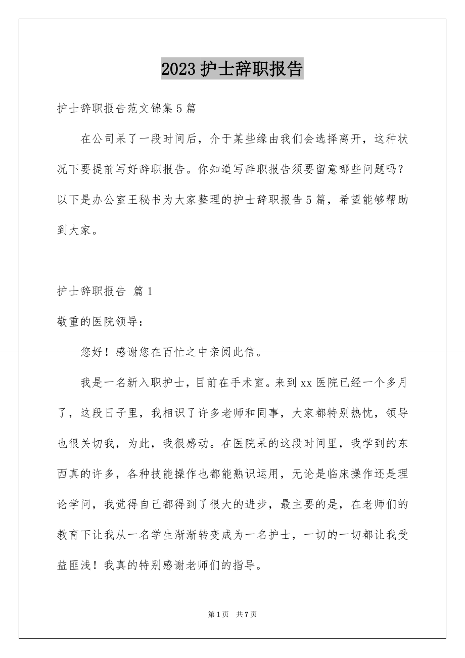 2023护士辞职报告110范文.docx_第1页