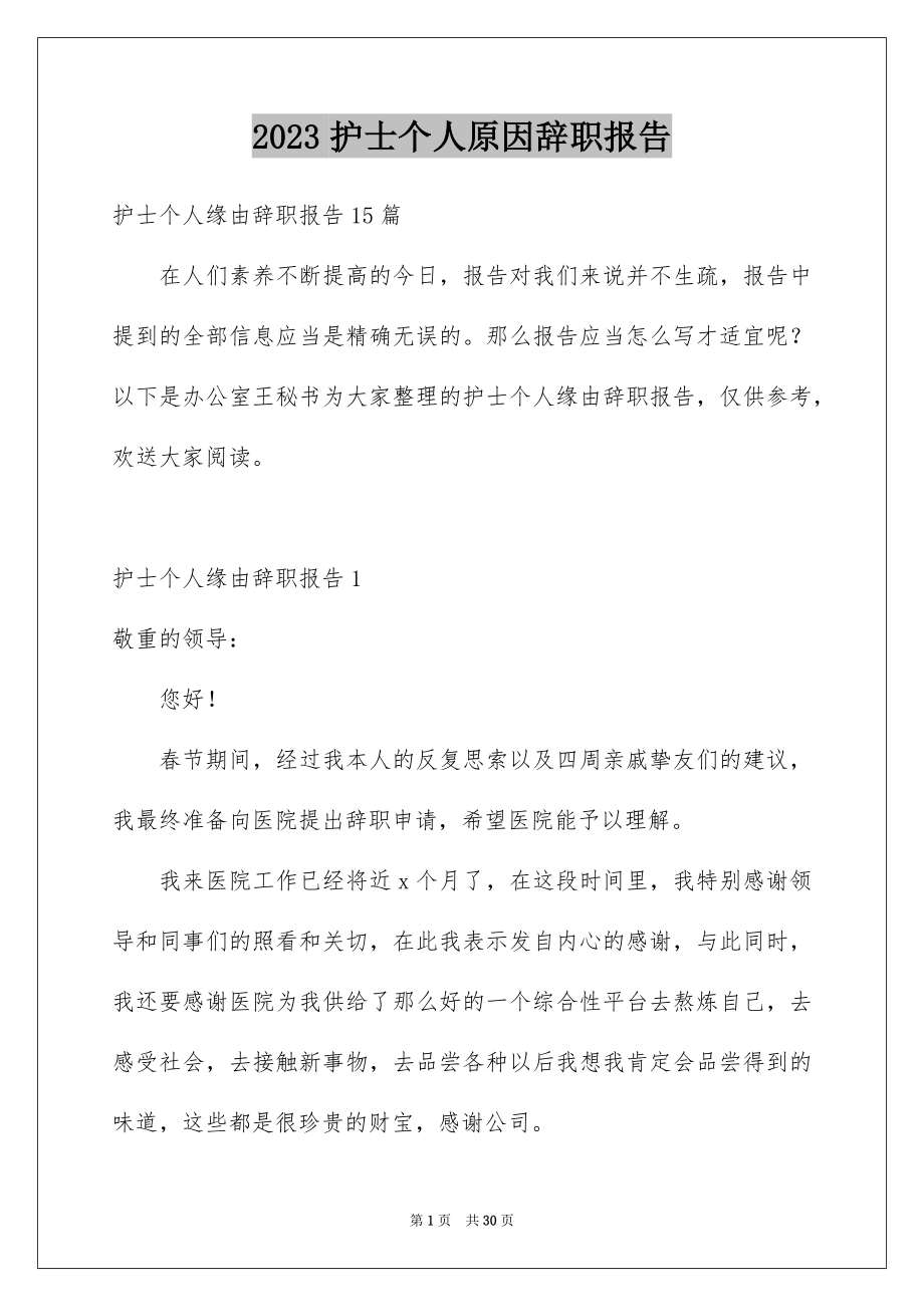 2023护士个人原因辞职报告3范文.docx_第1页