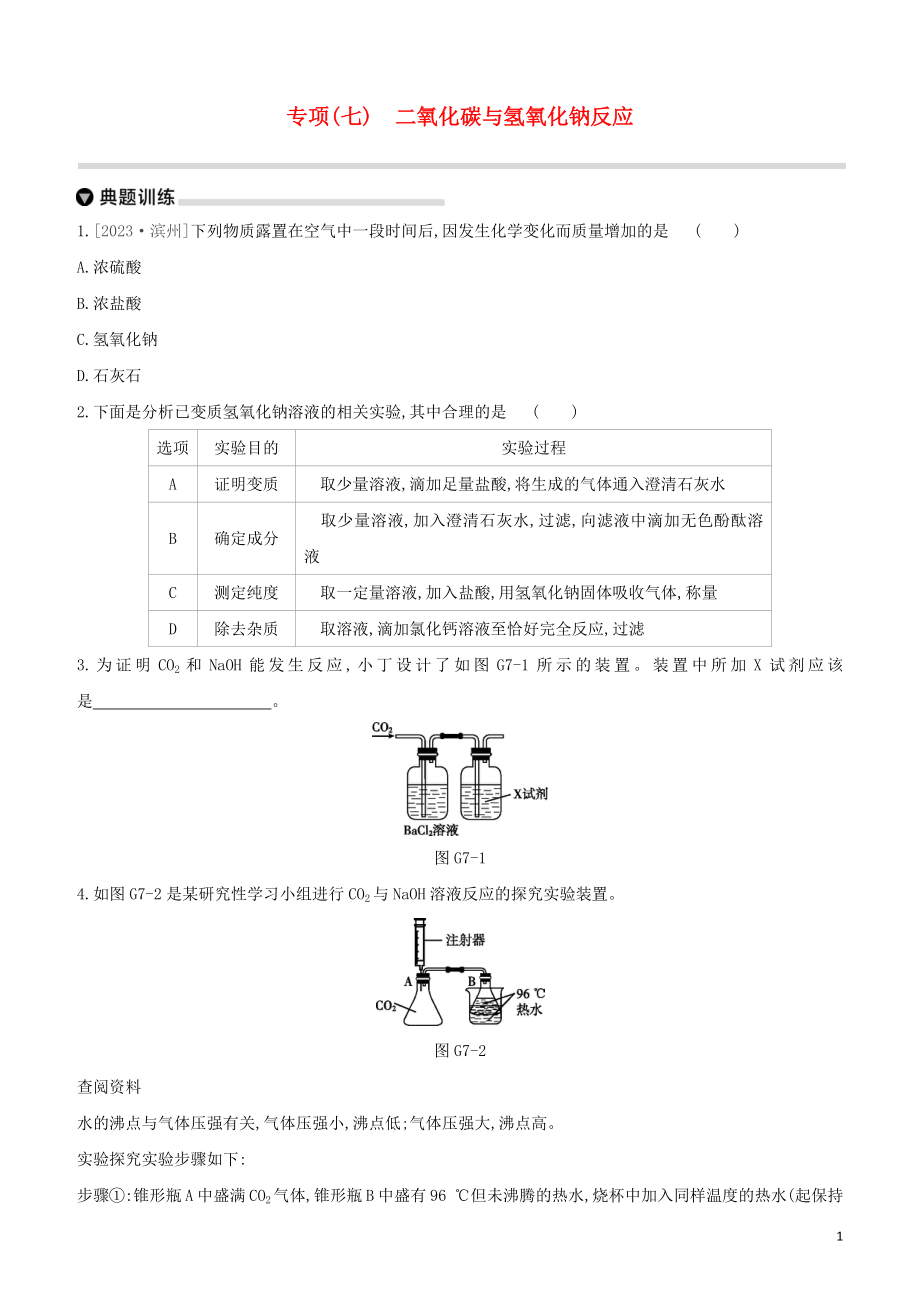 福建专版2023学年中考化学复习方案专项07二氧化碳与氢氧化钠反应试题.docx_第1页