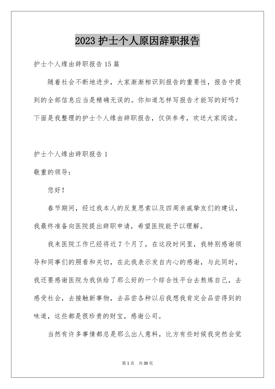 2023护士个人原因辞职报告20范文.docx_第1页