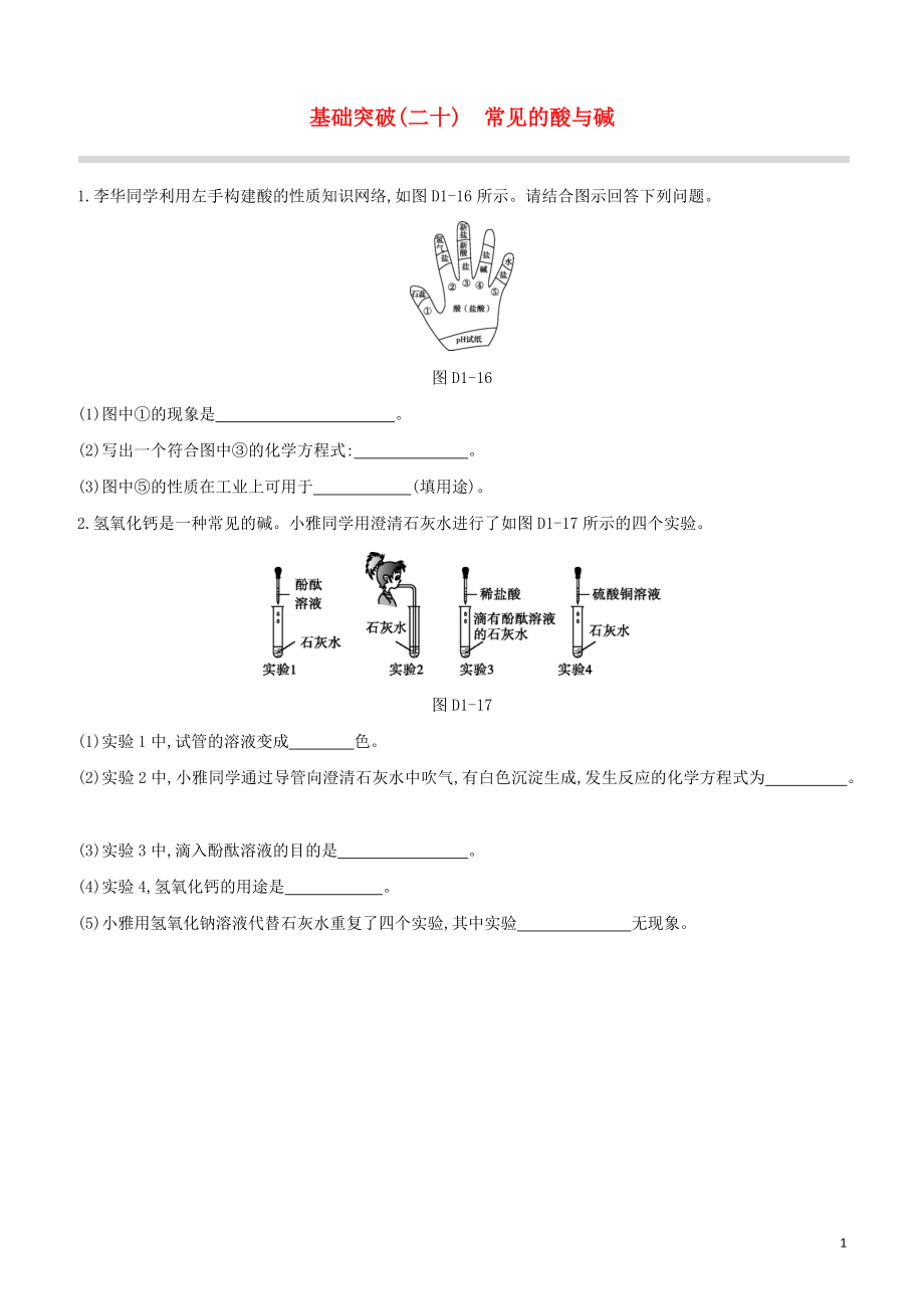 福建专版2023学年中考化学复习方案基础突破20常见的酸与碱试题.docx_第1页