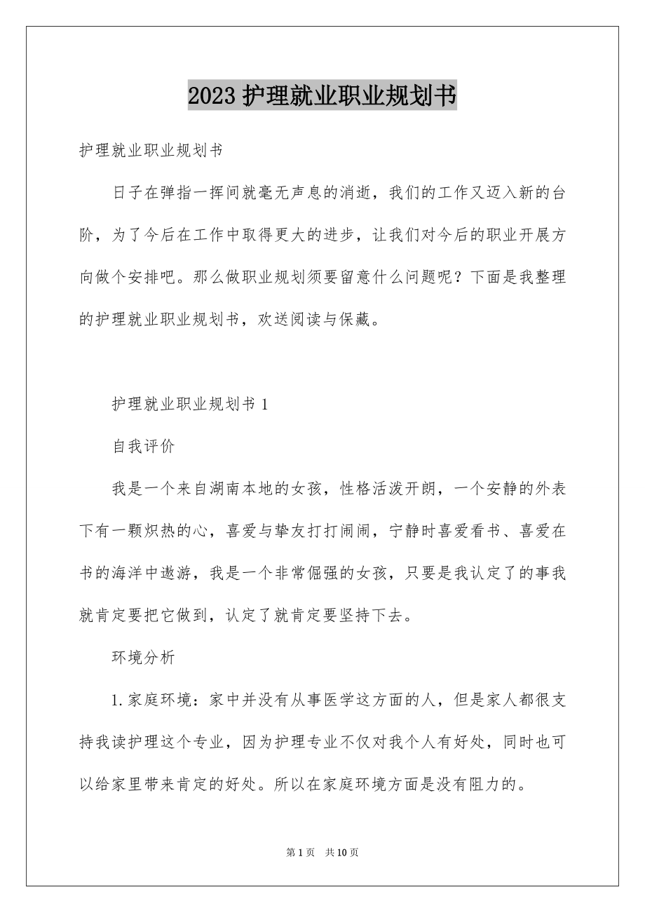 2023护理就业职业规划书范文.docx_第1页