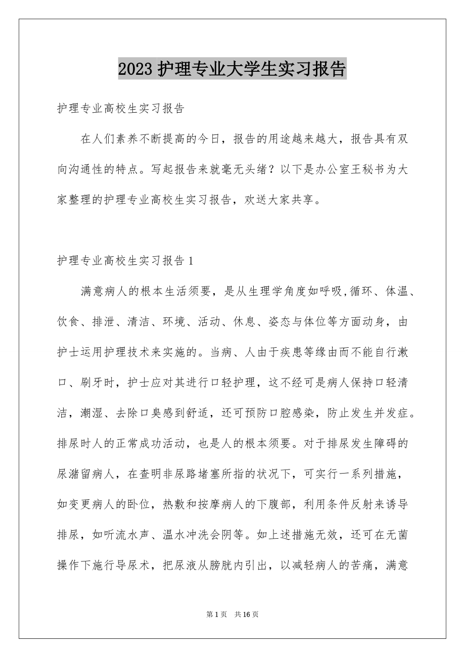 2023护理专业大学生实习报告范文.docx_第1页