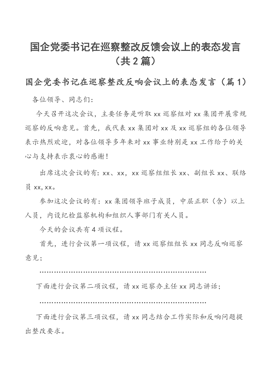 国企党委书记在巡察整改反馈会议上的表态发言（共2篇）.docx_第1页