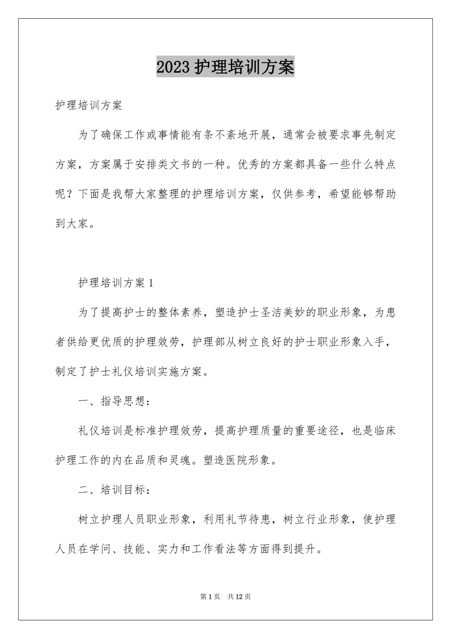 2023护理培训方案范文.docx_第1页