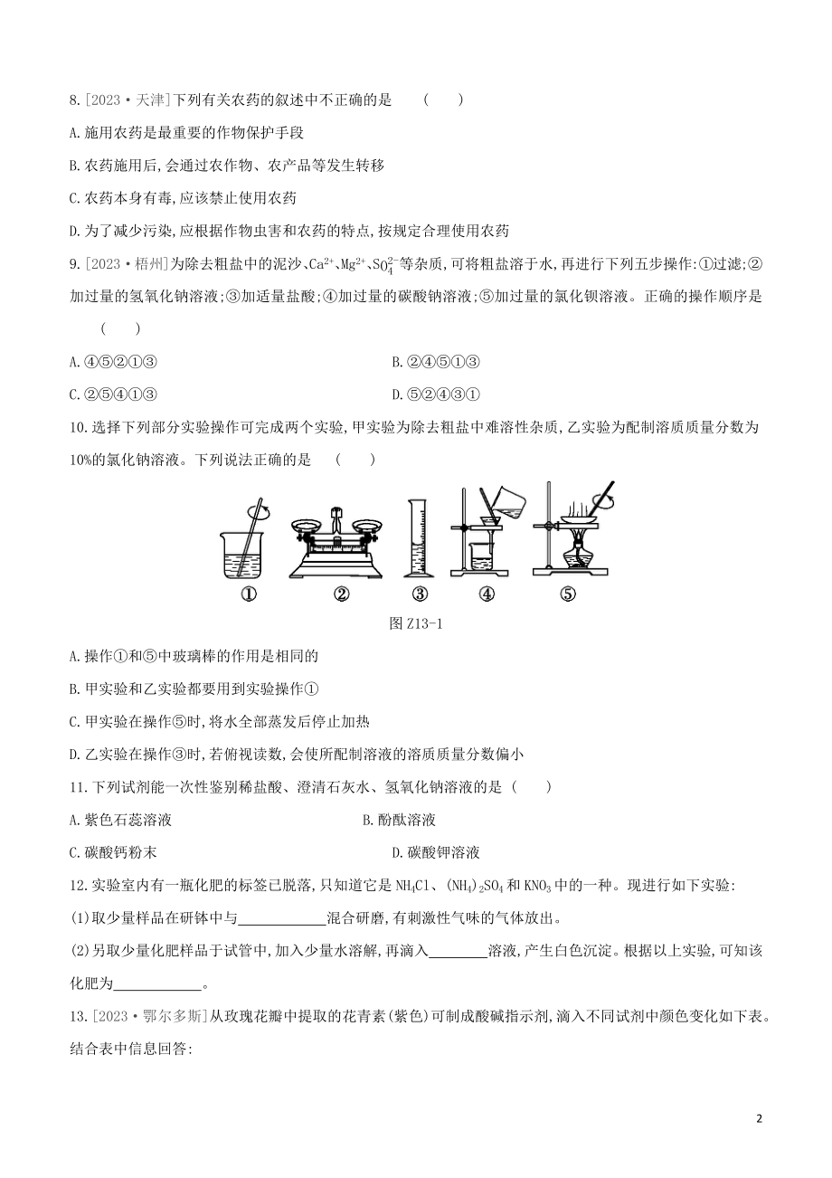 鄂尔多斯专版2023学年中考化学复习方案第一篇基础过关课时训练13盐和化肥试题.docx_第2页