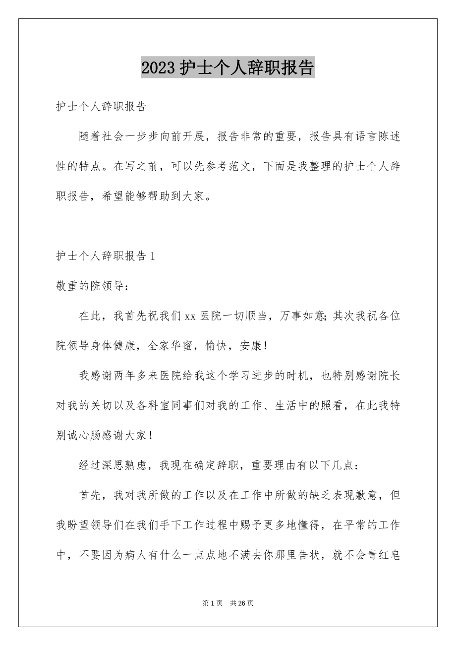 2023护士个人辞职报告范文.docx_第1页