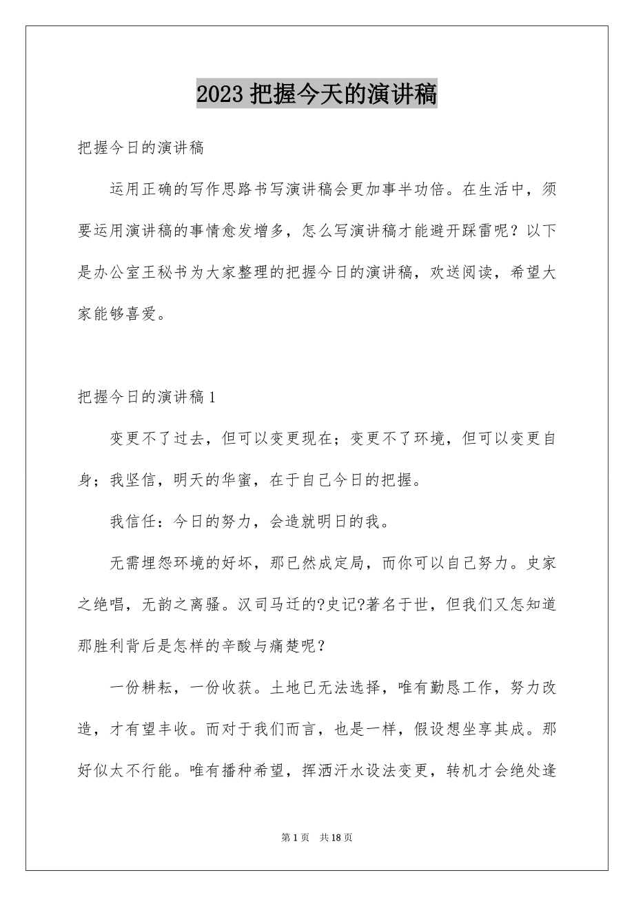 2023把握今天的演讲稿范文.docx_第1页