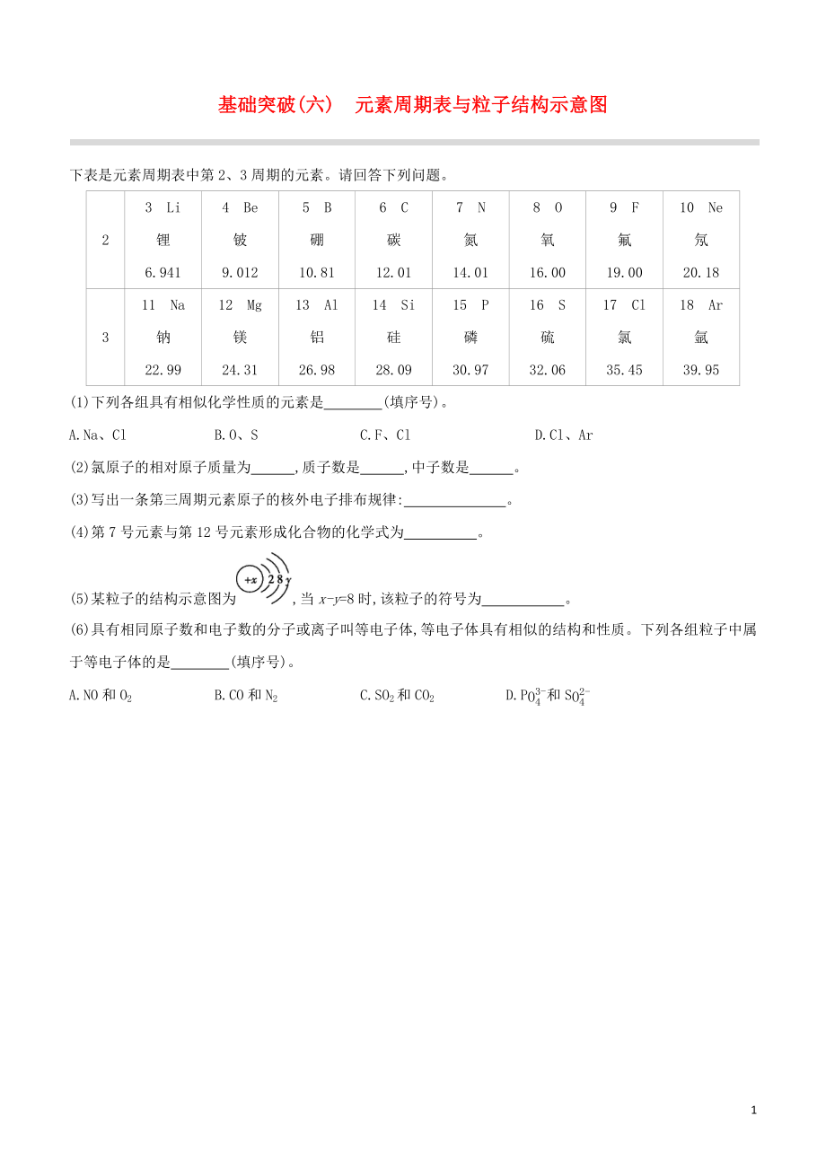 福建专版2023学年中考化学复习方案基础突破06元素周期表与粒子结构示意图试题.docx_第1页