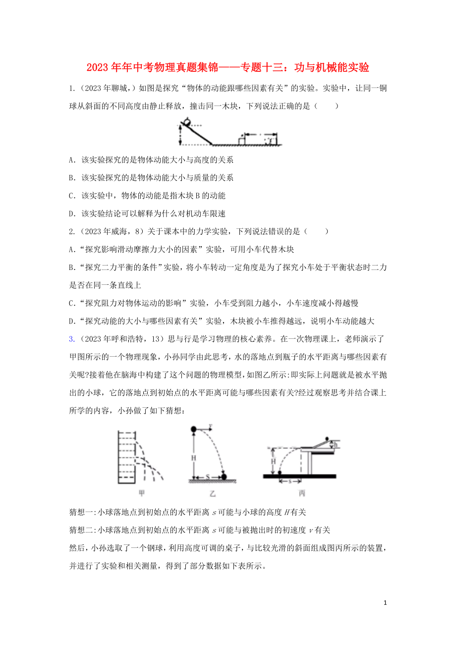 2023学年中考物理真题集锦二专题十三功与机械能实验试题.doc_第1页