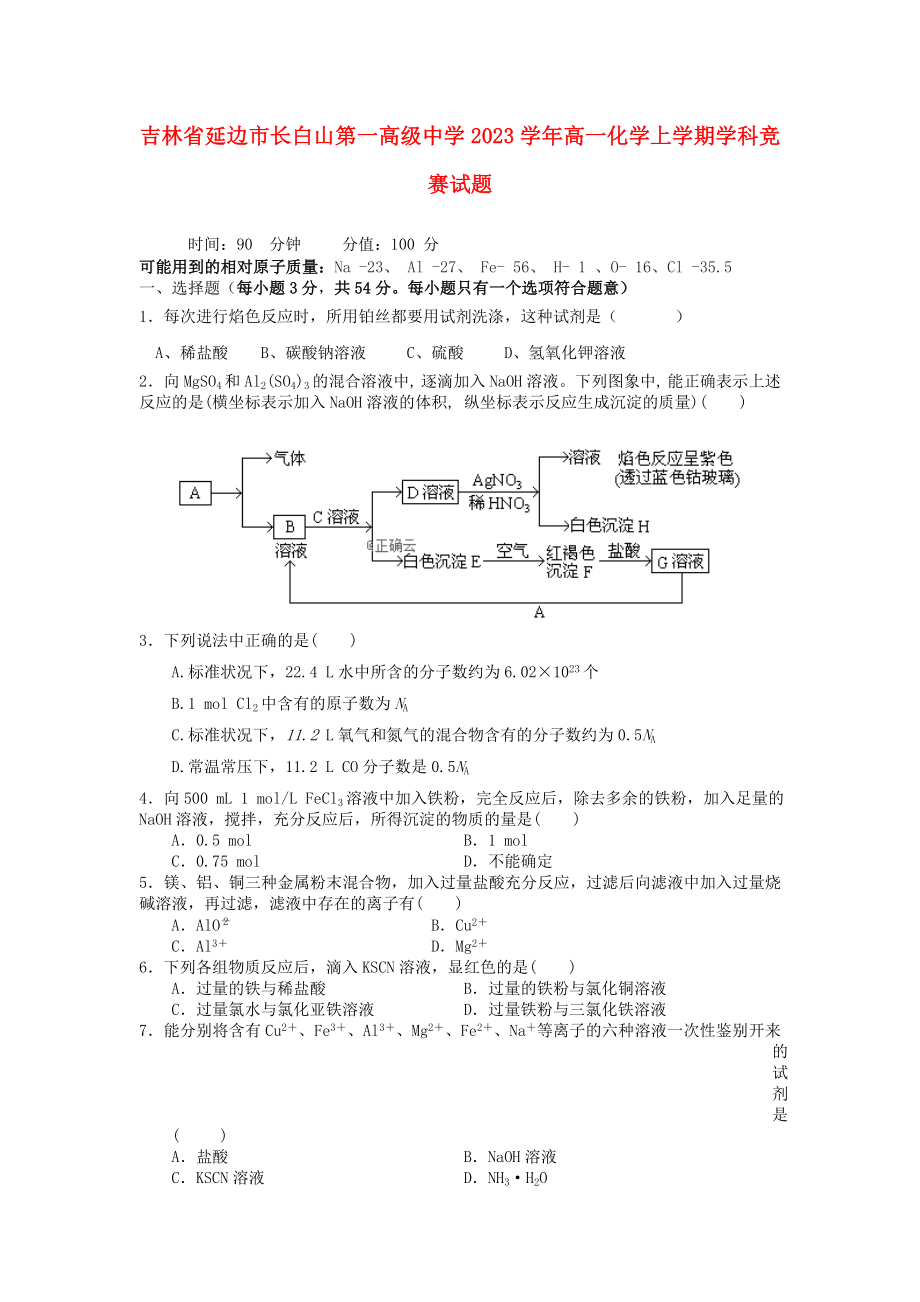 吉林省延边市长白山第一高级中学2023学年高一化学上学期学科竞赛试题.doc_第1页