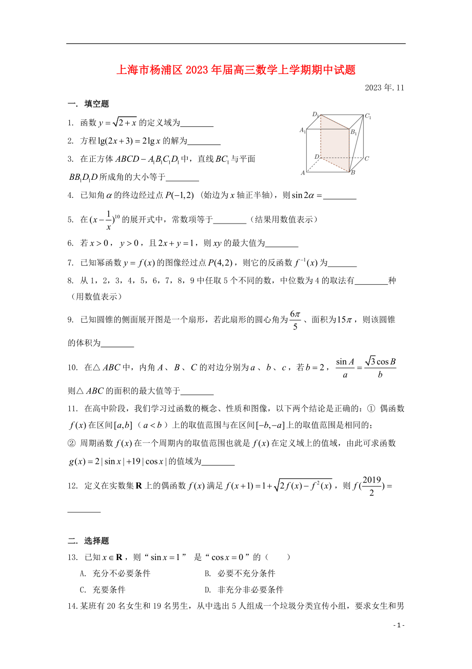 上海市杨浦区2023学年高三数学上学期期中试题.doc_第1页