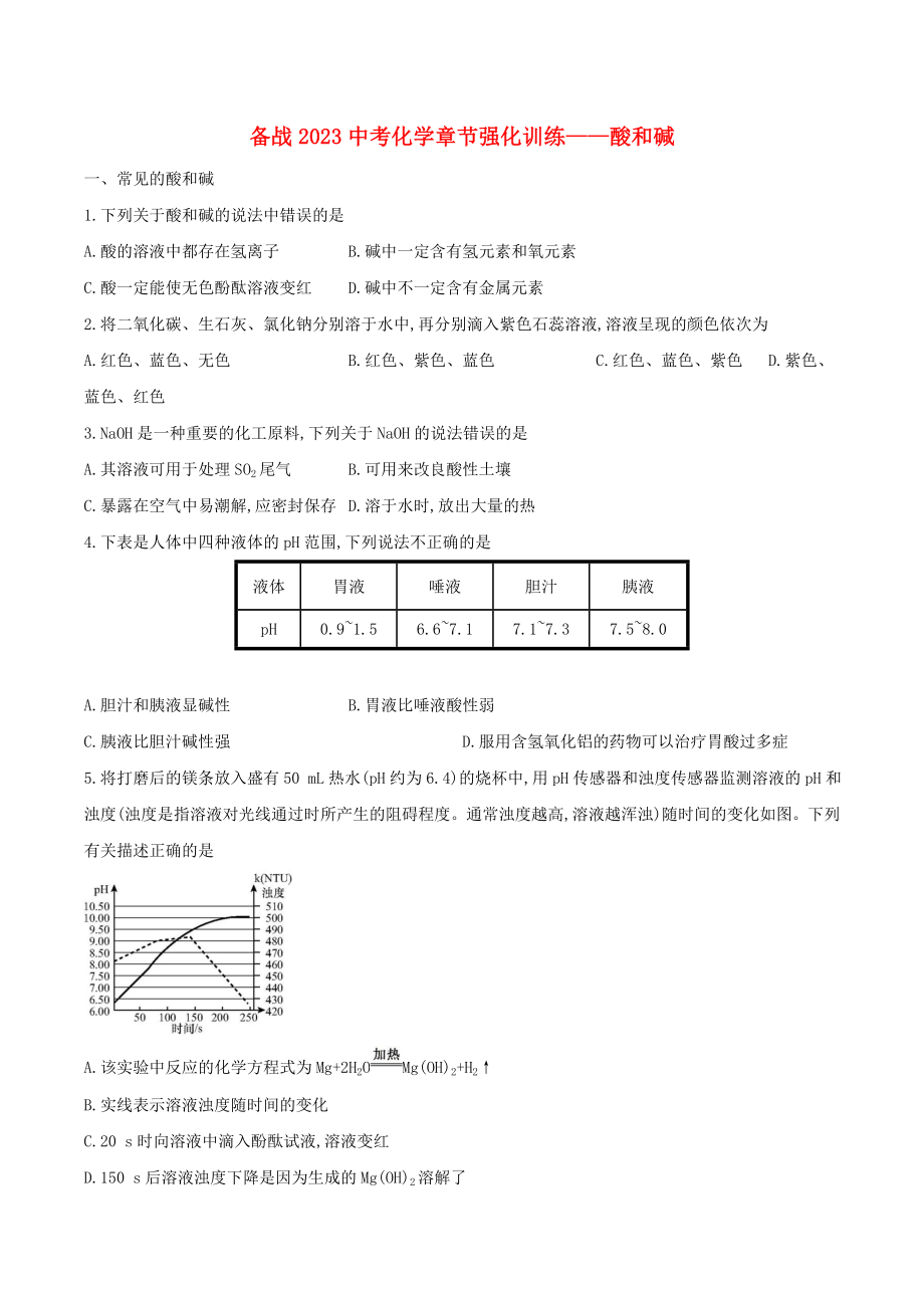 备战2023年中考化学章节强化训练-酸和碱试题.doc_第1页