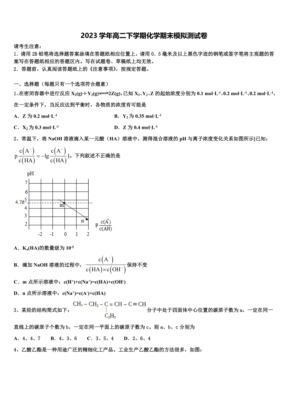 2023学年甘肃省武威市天祝一中化学高二下期末教学质量检测试题（含解析）.doc_第1页