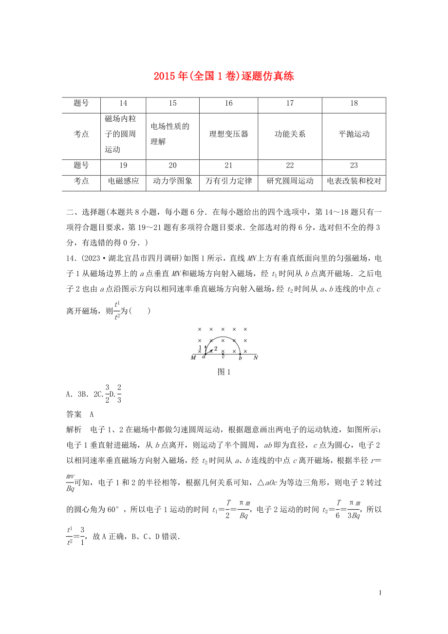 2023学年高考物理二轮复习“8+2”限时训练132015年全国1卷逐题仿真练含解析.docx_第1页