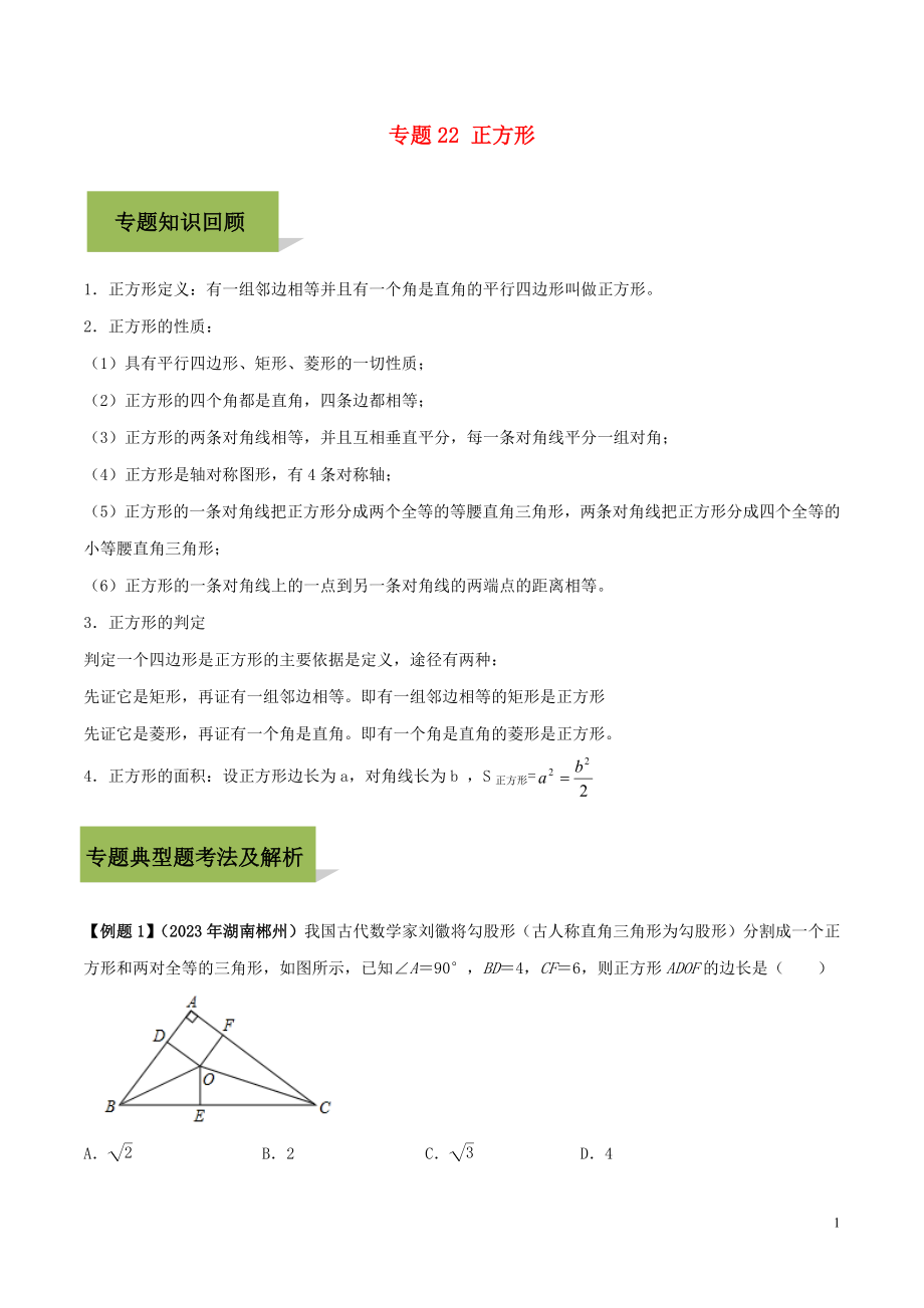 2023学年中考数学必考考点专题22正方形含解析.docx_第1页