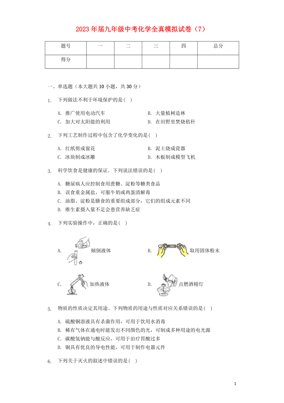 2023学年九年级化学全真模拟试卷7含解析.docx_第1页