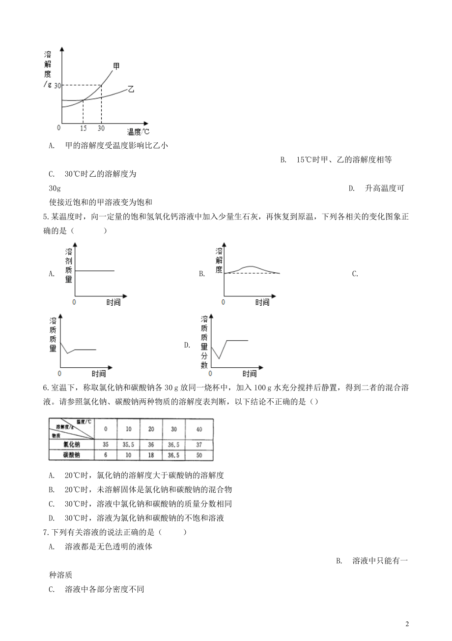 2023学年九年级化学下册第九单元溶液章节测试含解析新版（人教版）.doc_第2页